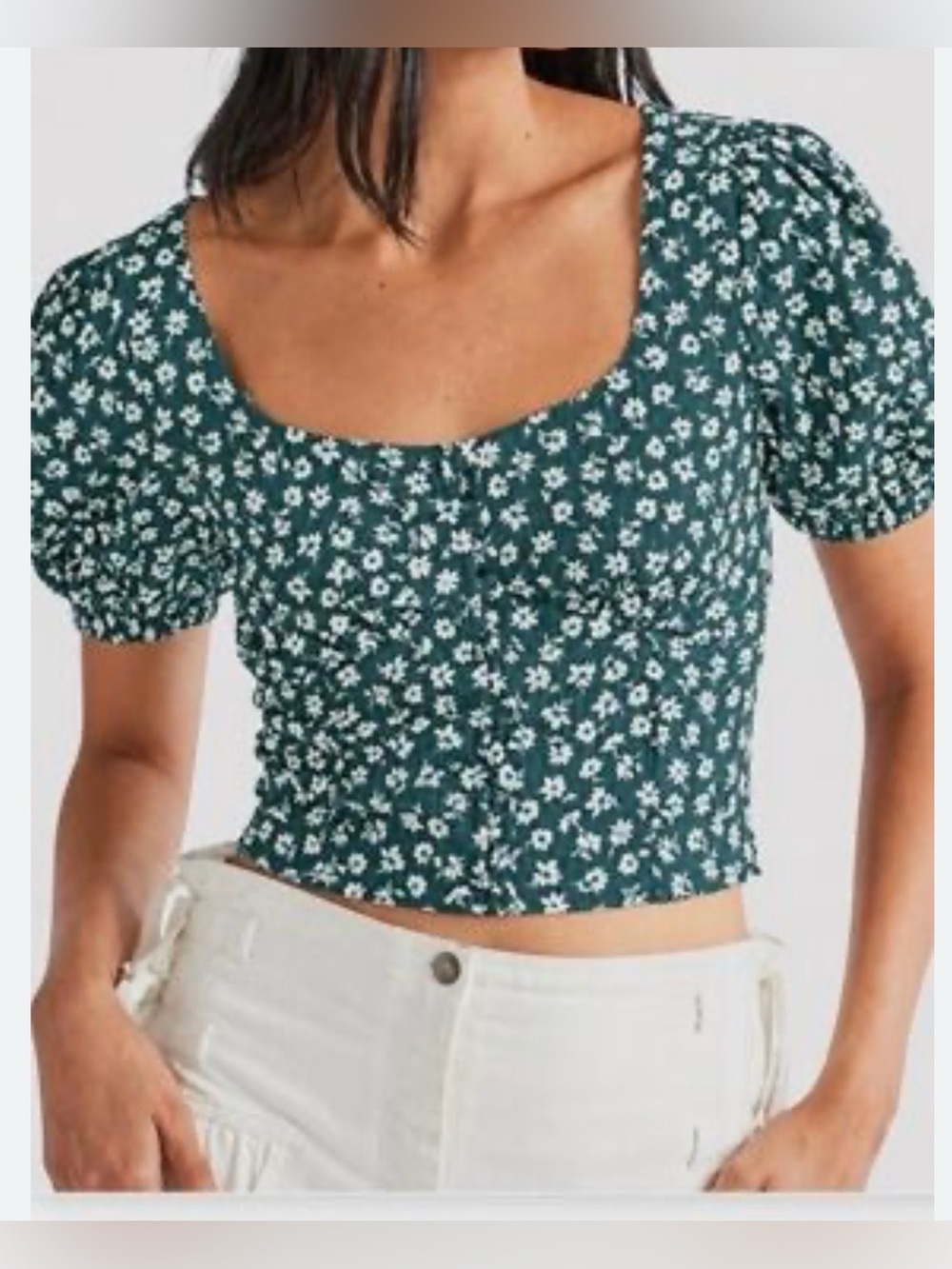 Free People Teal Floral Square-Neck Crop Top